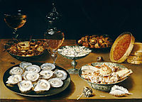 Dishes with Oysters, Fruit, and Wine, 1625, beert
