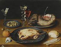 Still Life of a Roast Chicken, a Ham and Olives on Pewter Plates with a Bread Roll, an Orange, Wineglasses and a Rose on a Wooden Table, beert