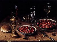 Still Life with Cherries and Strawberries in China Bowls, 1608, beert