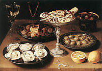 Still Life with Oysters and Pastries, 1610, beert