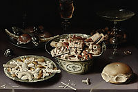 Three Dishes of Sweetmeats and Chestnuts with Three Glasses on a Table, beert