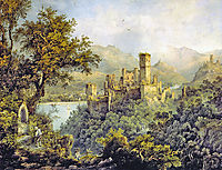 Stolzenfels Castle, in the background Lahneck Castle, 1836, bodmer