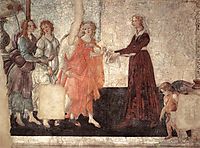 Venus and the Three Graces presenting gifts to a young woman, 1484, botticelli