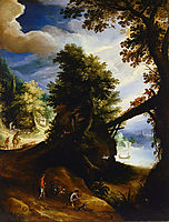 A wooded landscape with a bridge and sportsmen at the edge of the river, 1590, bril