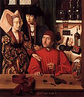 St. Eligius as a goldsmith showing a ring to the engaged couple, 1449, christus