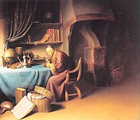 An Old Man Lighting his Pipe in a Study, dou
