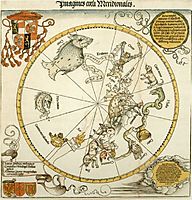 Map of the Southern Sky, with representations of constellations, decorated with the crest of Cardinal Lang von Wellenburg, and a dedication to him with his coats of arms and the Imperial copyright, 1515, durer