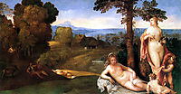 Nymphs And Children In a Landscape With Shepherds, giorgione