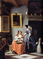 Woman hands over money to her servant, 1670, hooch
