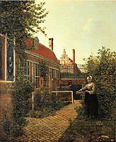 Woman with basket of beans in the kitchen garden, 1651, hooch