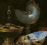 Still Life with Holbein Bowl, Nautilus Cup, Glass Goblet and Fruit Dish (detail), 1678, kalf
