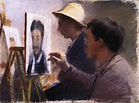 Oscar Björck and Eilif Peterssen Painting Portraits of Georg Brandes, 1883, kroyer