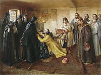 Tzar Ivan the Terrible asks Abbot Cornelius to mow him to the monks, lebedev