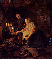 A Woman Drawing Wine from a Barrel, metsu