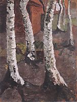 Birch trunks in front of red farmstead, c.1901, modersohnbecker