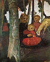 Three children with goat in the birch forest, c.1904, modersohnbecker