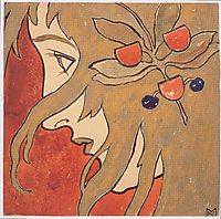 Profile of a girl. Preparatory work for a decorative stain in red and green., 1897, moser