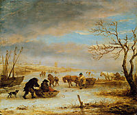 Frozen Ice Landscape with Carriages and Boats, c.1645, ostadeisaac