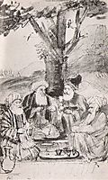 Four Orientals seated under a tree. Ink on paper, rembrandt