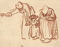Two Women Teaching a Child to Walk, rembrandt