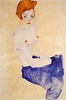 Seated Girl with Bare Torso and Light Blue Skirt, 1911, schiele