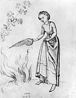 Young Woman Fanning a fire with a bird-s wing, schongauer