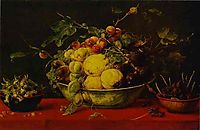Fruits in a Bowl on a Red Tablecloth, 1620, snyders